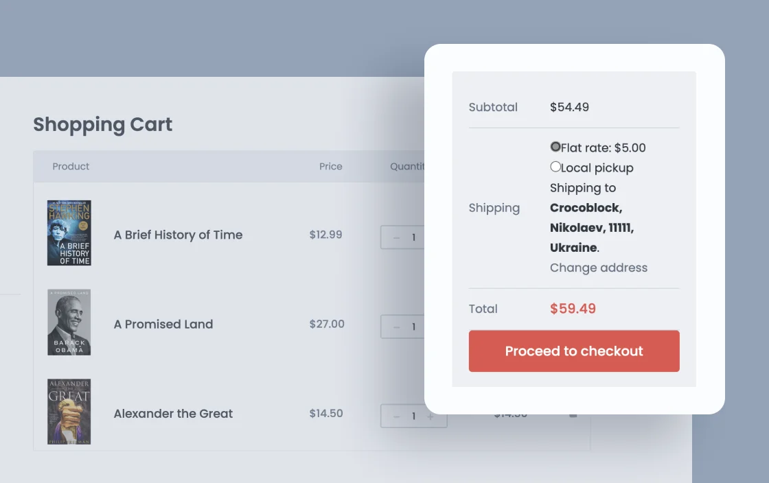 JetWooBuilder Cart Totals widget for bookstore template demo for Elementor