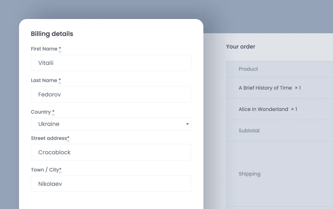 JetWooBuilder Checkout Billing Form widget for bookstore template demo for Elementor