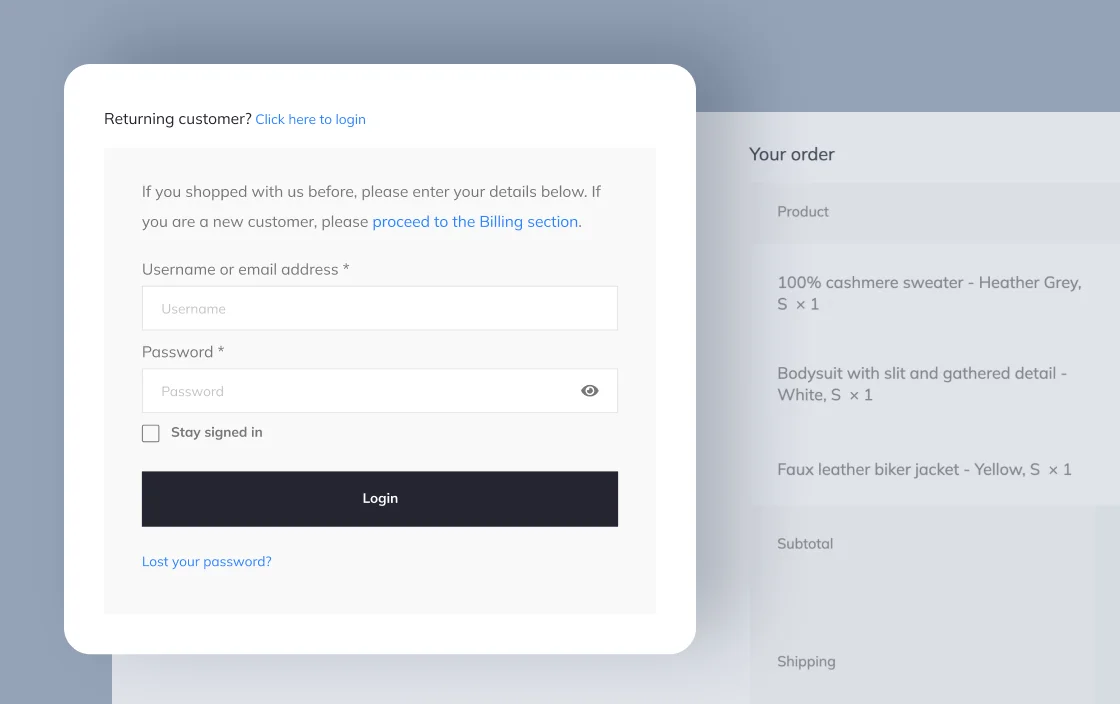 JetWooBuilder Checkout Login Form widget for WooCommerce shop template demo for Elementor