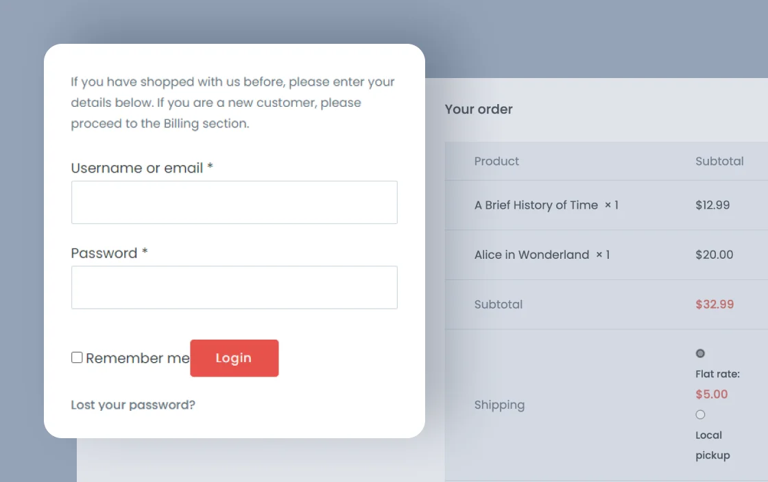 JetWooBuilder Checkout Login Form widget for bookstore template demo for Elementor