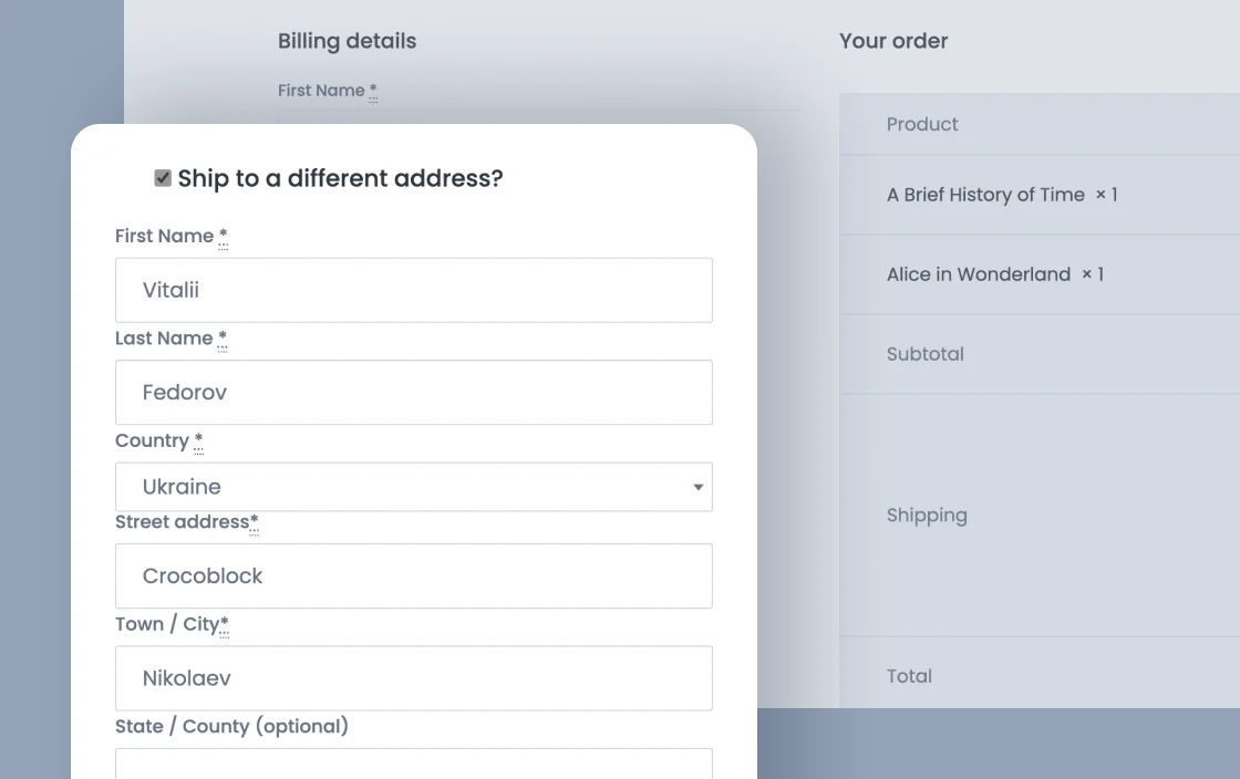 JetWooBuilder Checkout Shipping Form widget for bookstore template demo for Elementor