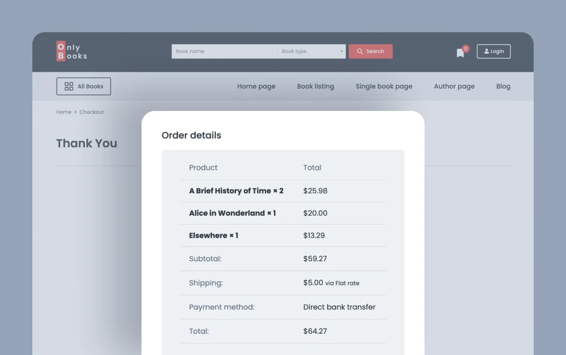 JetWooBuilder Thank You Order Details widget for bookstore template demo for Elementor