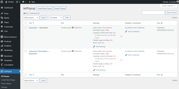 rentgo jetpopup section in the wordpress dashboard