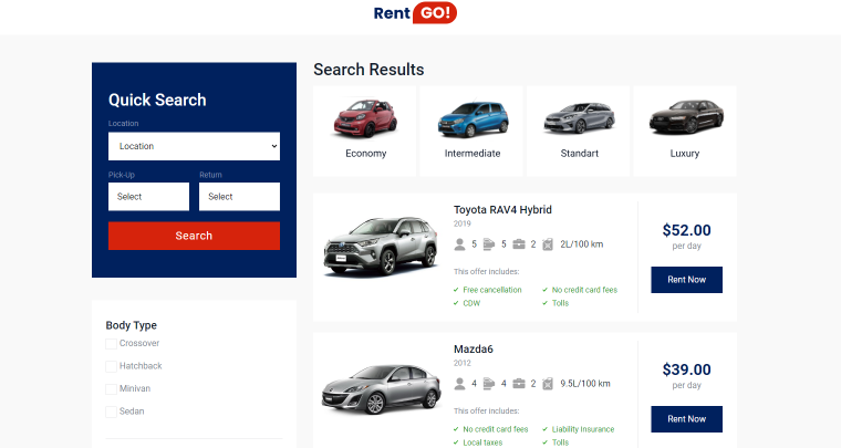 rentgo search results page on the front end