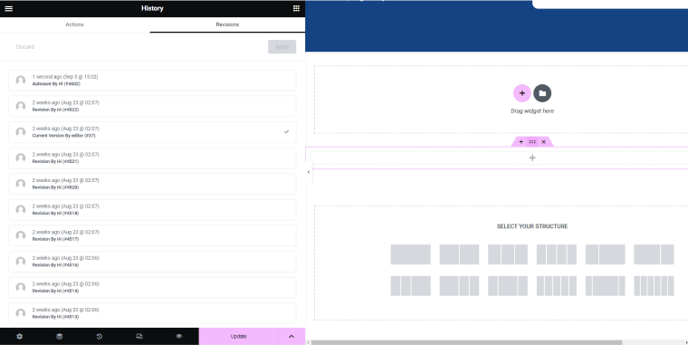 revisions section in elementor