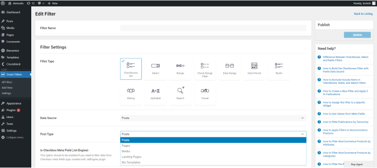 jetsmartfilters wordpress plugin backend dashboard