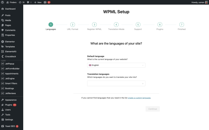 selecting a language in the WPML plugin