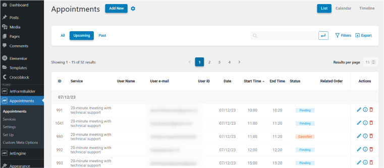 WordPress appointment booking dashboard