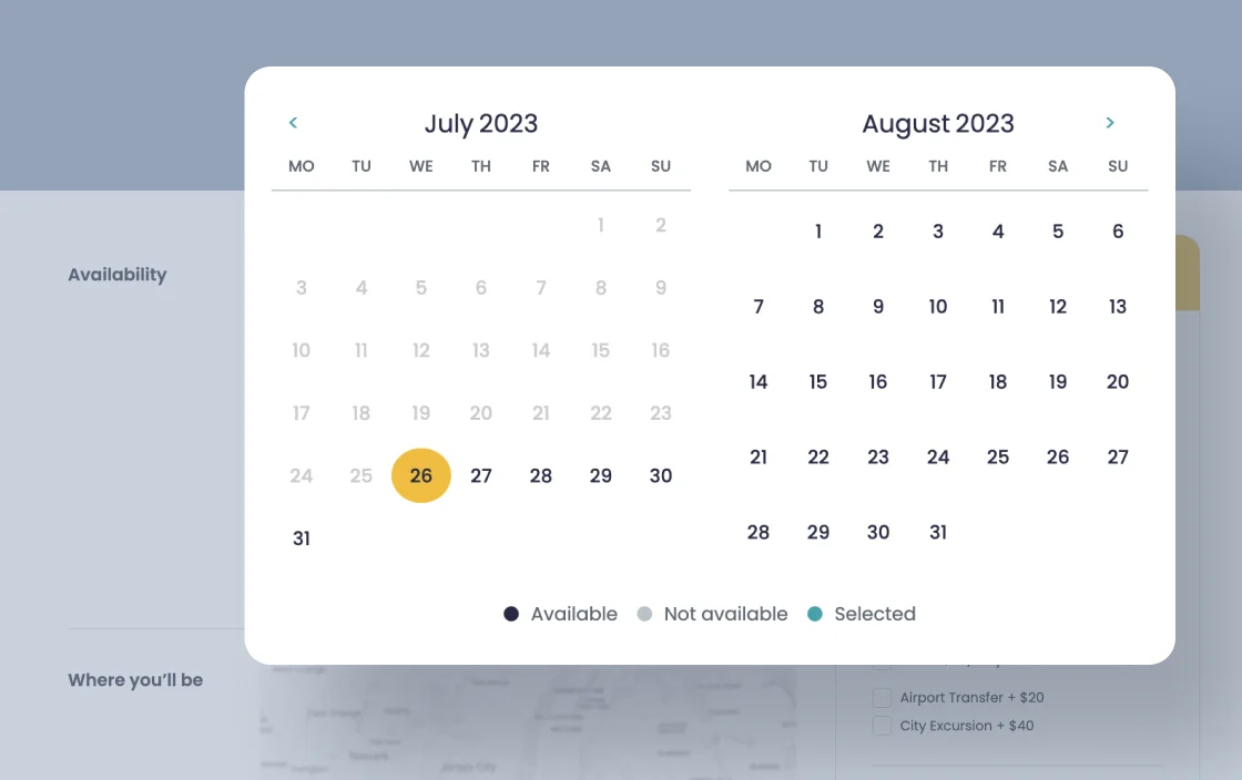 Booking Calendar widget for Vacation Rental template demo for Elementor