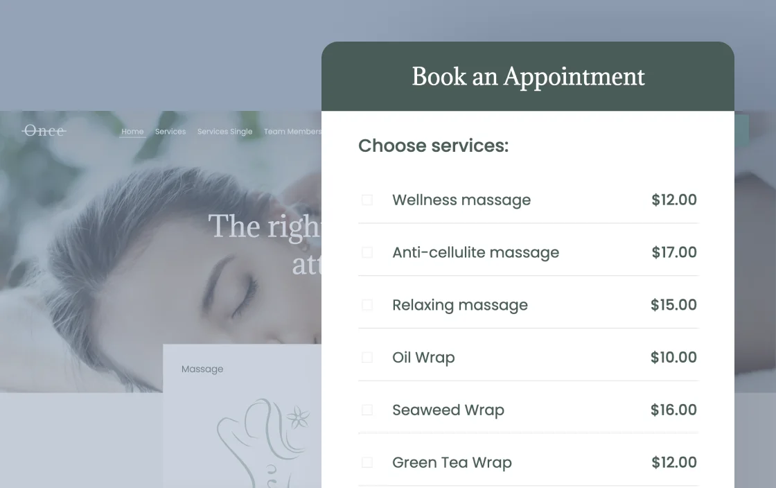 Order form widget for SPA appointment template demo for Elementor