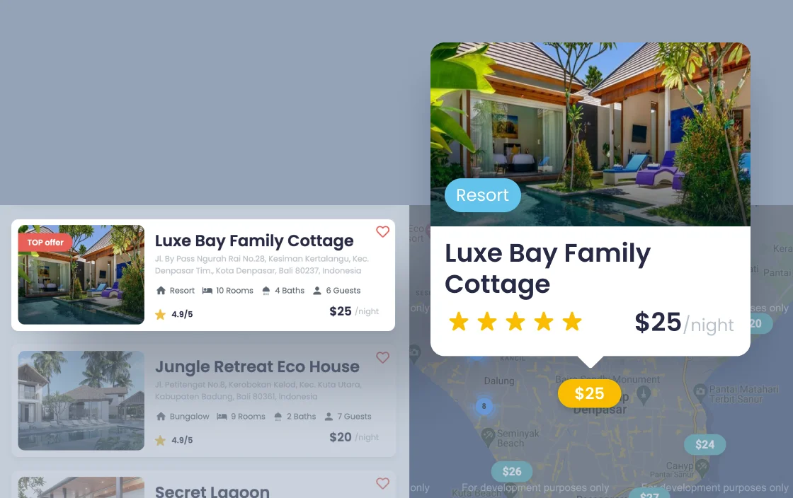 JetEngine Map Listing widget for Vacation Rental template demo for Elementor