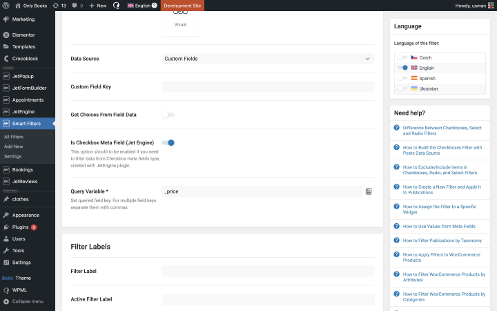 Checkboxes filter setting