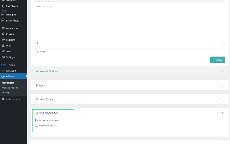 jetengine addon section in wp all import