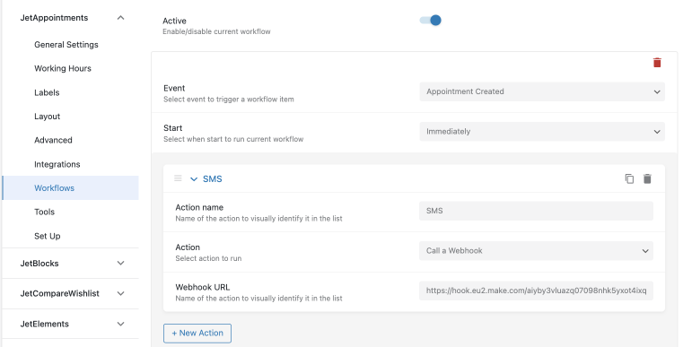 webhook address to jetappointment workflow