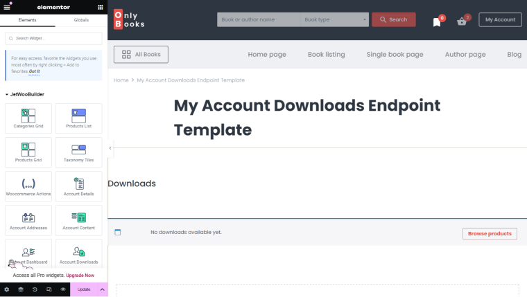 My Accounts downloads editing page in Elementor