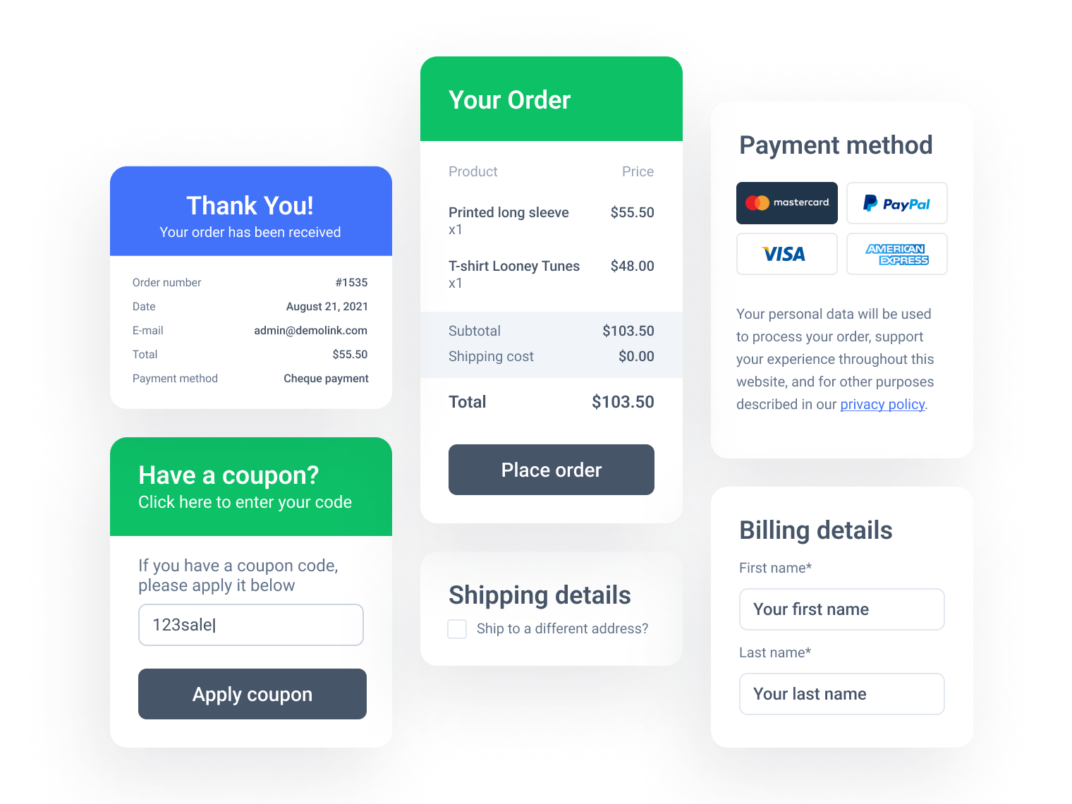 custom checkout, cart, and thank you page templates