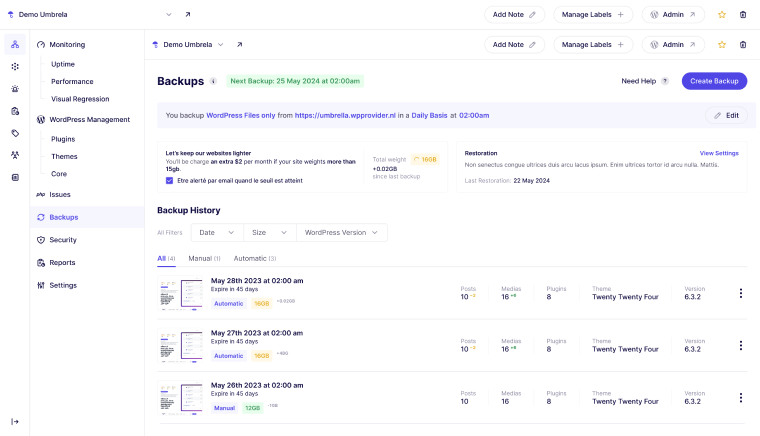 wp umbrella dashboard