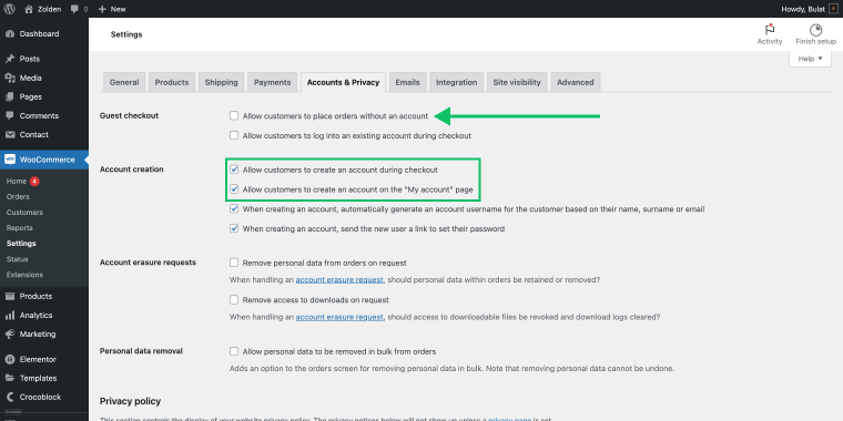 wordpress dashboard woocommerce account and privacy settings