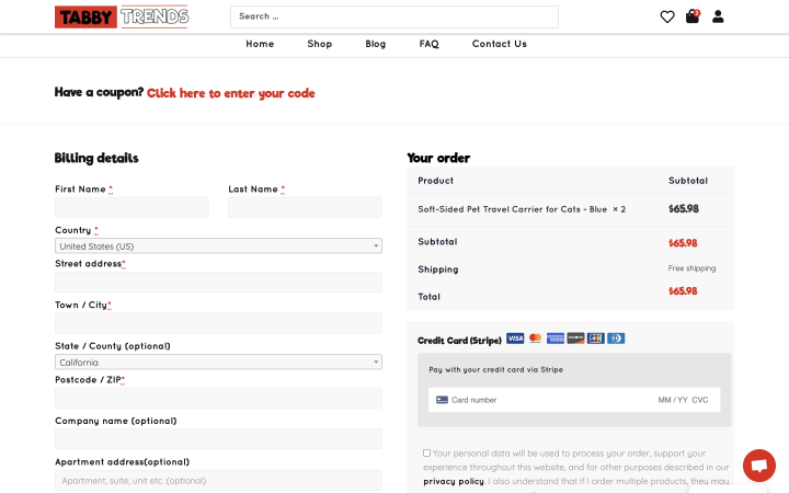 Tabby Trends checkout page