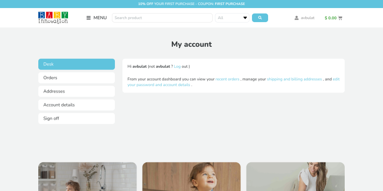 baby innovation myaccount page