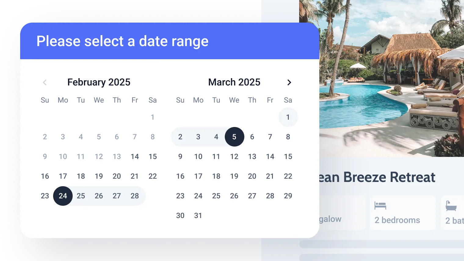 custom booking availability calendar for picking date range