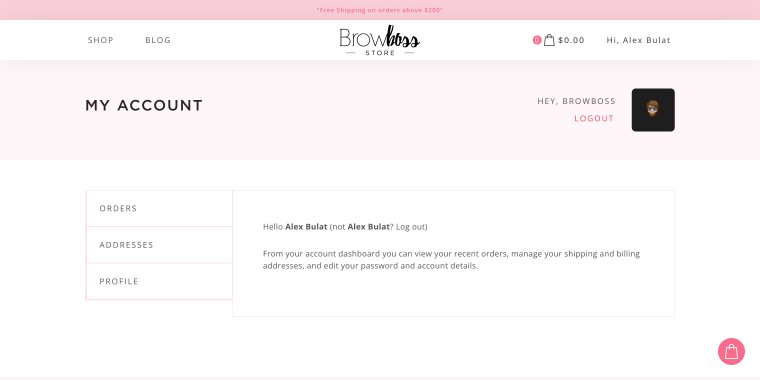 browboss myaccount page