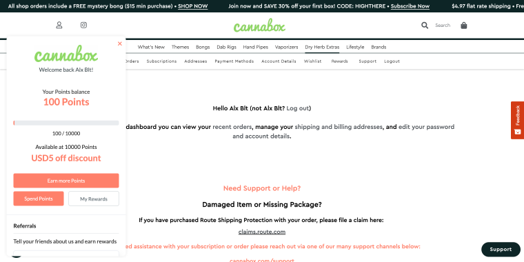 cannabox store myaccount page