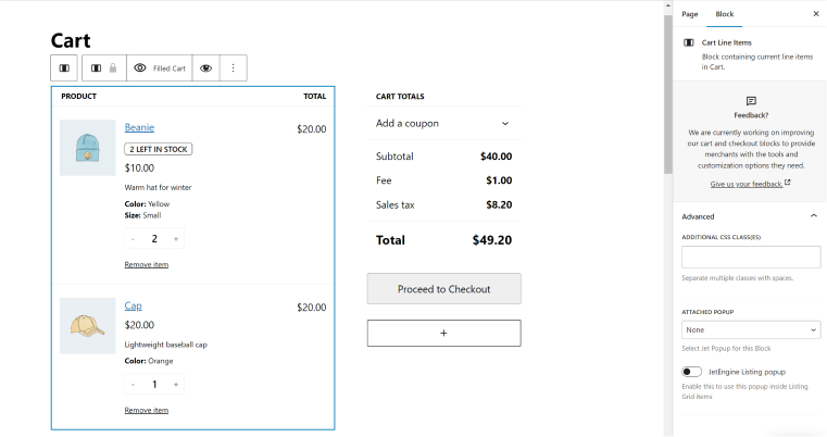 WooCommerce cart in Block Editor