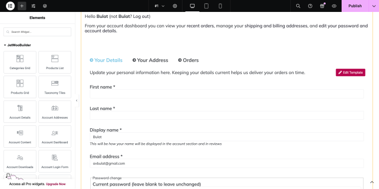 editing myaccount page with jetwoobuilder