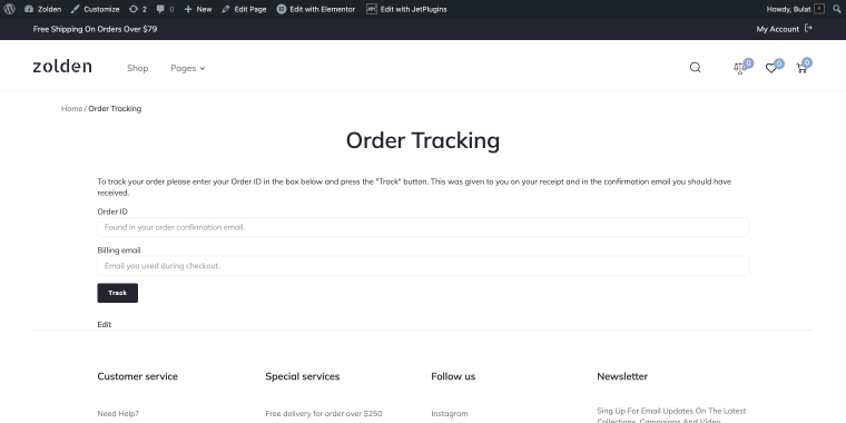 demo zolden store order tracking page