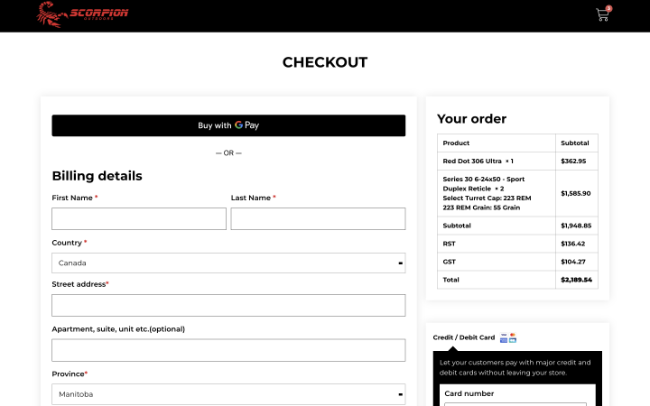Scorpion outdoors checkout page