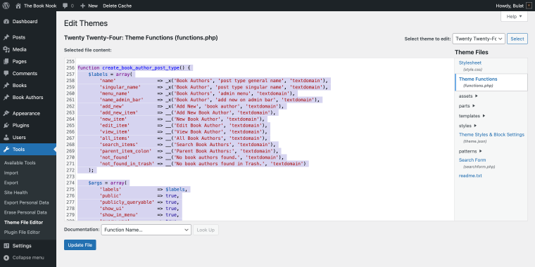 adding cpt book author via functions.php file