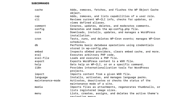 list of wp subcommands