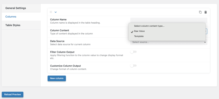 columns tab in tables builder settings