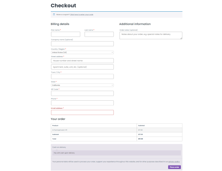 Default checkout page Woo