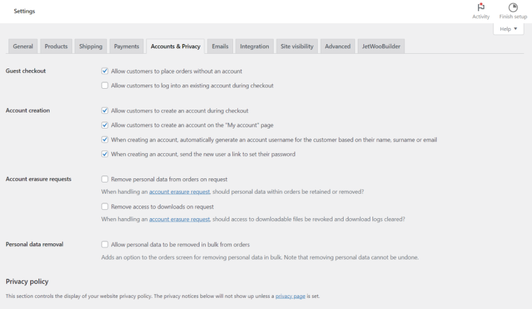 privacy settings page