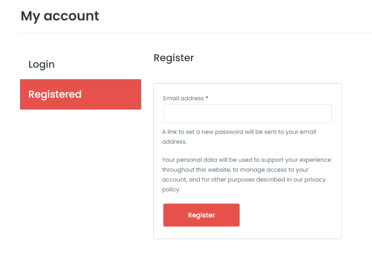 my account page with the registration form