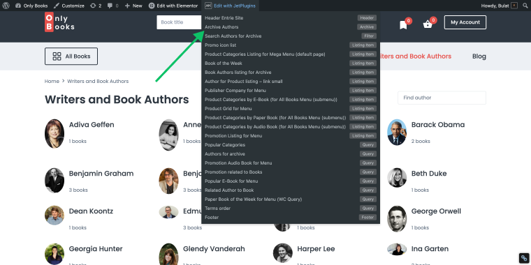 editing authors page with elementor builder