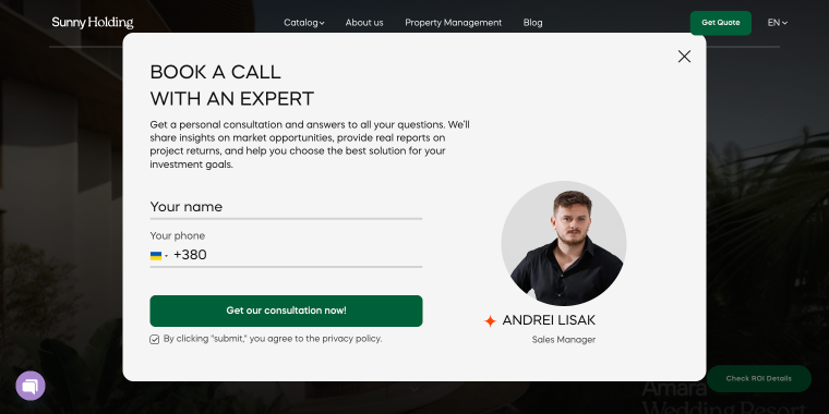 Sunny Development Group contact form pop-up
