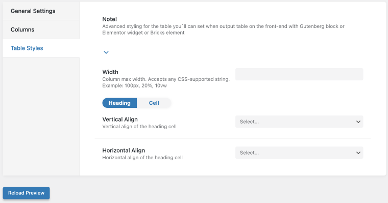 table styles tab in tables builder settings