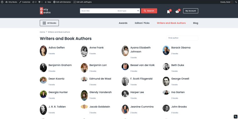 authors page on a bookstore