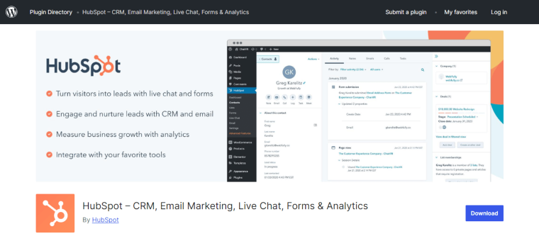 hubspot crm plugin on wordpress.org