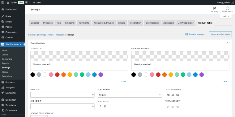 design tab in JetProductTables plugin