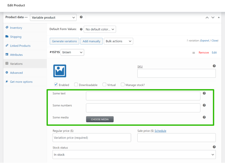 Variable product data fields