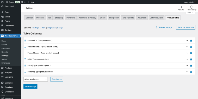 column settings in JetProductTables plugin