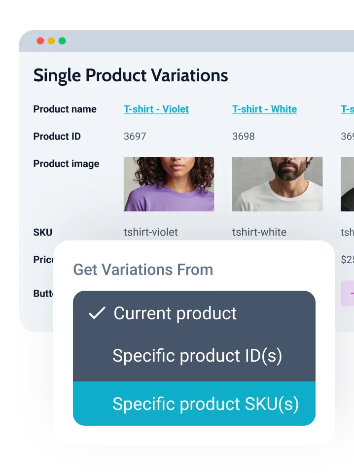 product variations displayed in a front-end table