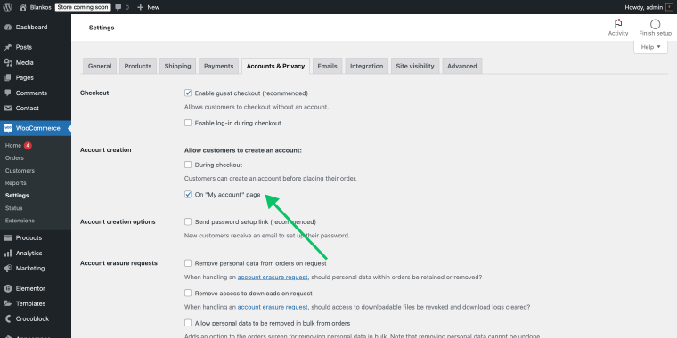 woocommerce settings account and privacy