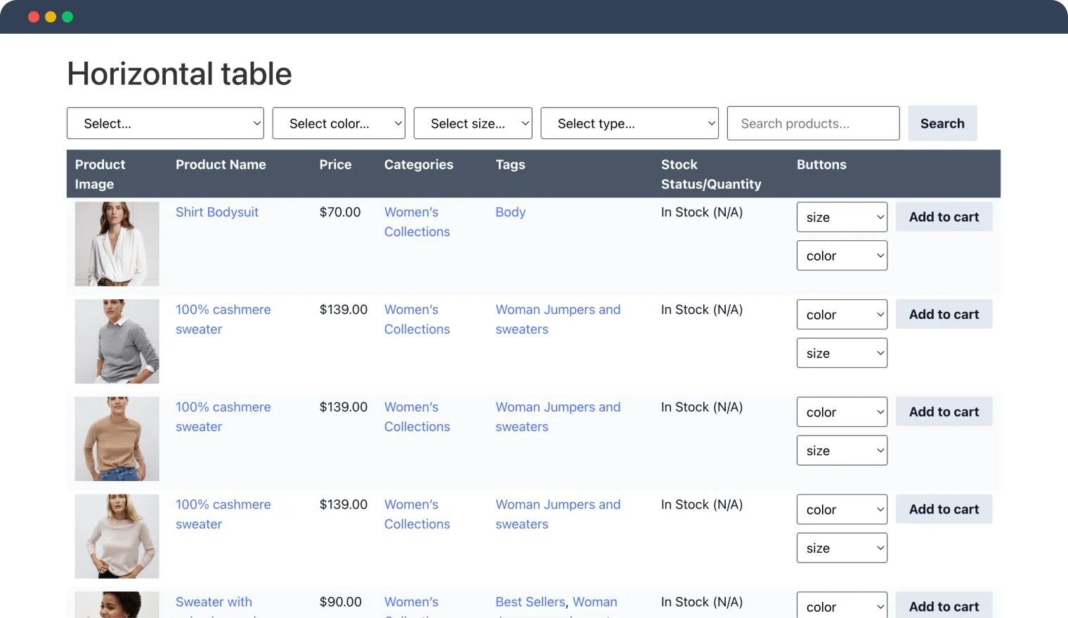 responsive product tables on a woocommerce website