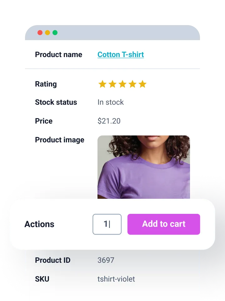 single product card with product details and action buttons