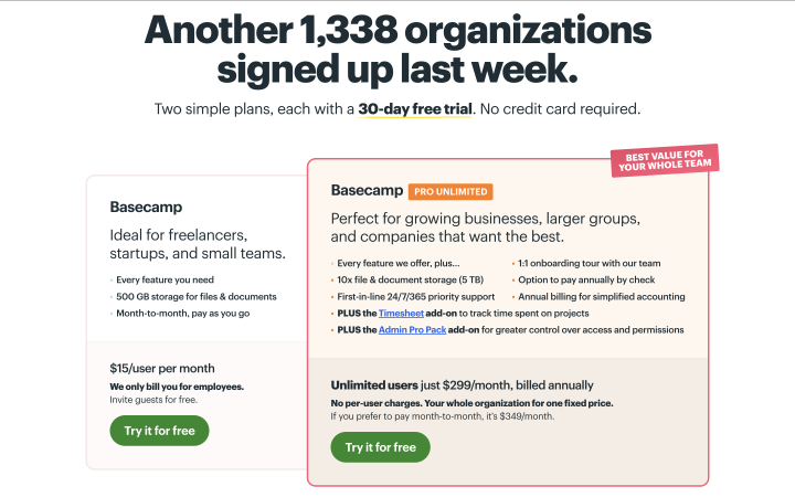 basecamp pricing table example